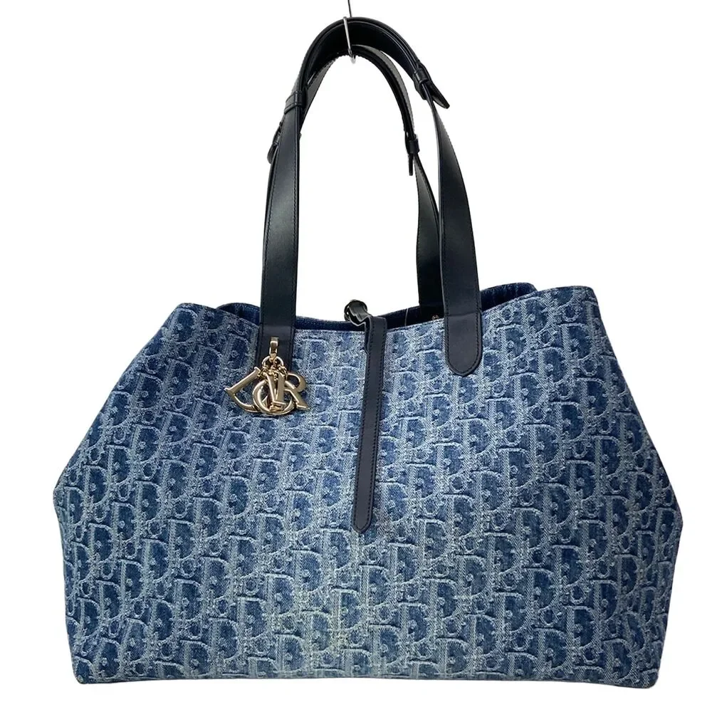 Christian Dior Toujours Bag Large Tote Bag Blue Dark Navy Jacquard Leather